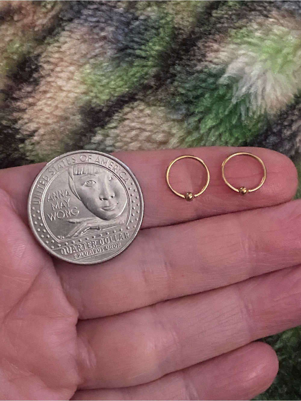 Gold Tone Small Hoop Earrings with Bead Accent
